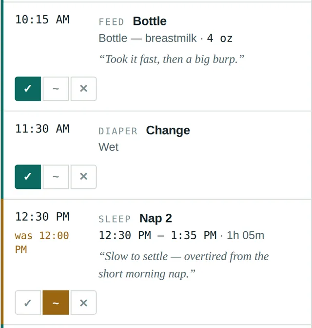 Shift view: each feed, nap and diaper change marked with tick, tilde or cross, with a moved nap highlighted in amber